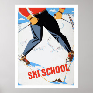 École de ski, homme sur ski, affiche de voyage vin
