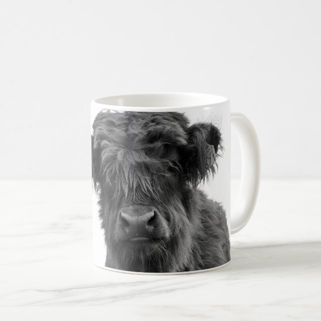 Écosse Highland cow black and white photo mug (Devant droit)