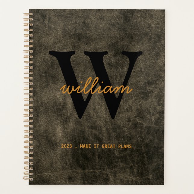 Écriture en cuir gris chic moderne monogramme noir (Devant)