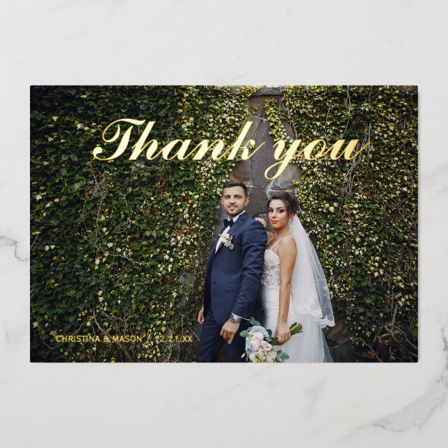 Écriture feuille or mariage photo carte de remerci (Recto)