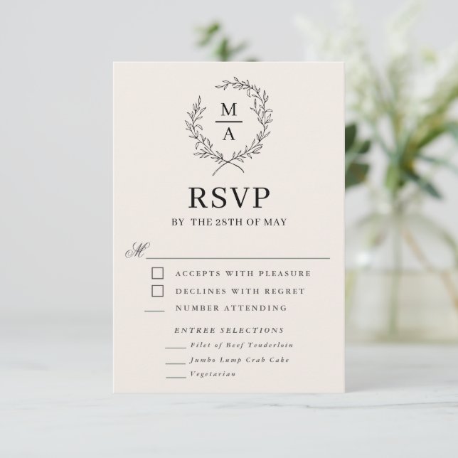 Écru clair Simple Élégant Monogramme RSVP et Repas (Debout devant)