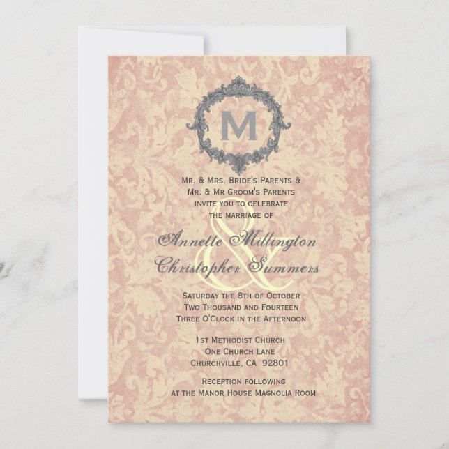 Ecru Damask Vintag Frame Monogram Wedding V1 Einladung (Vorderseite)