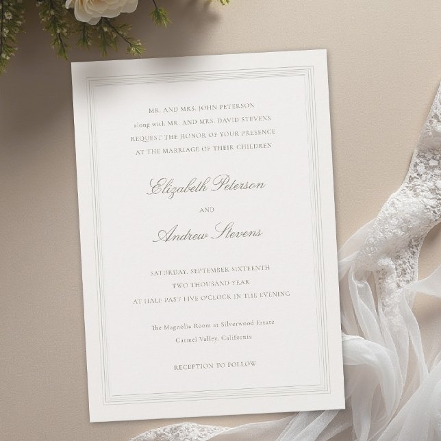 Ecru Formal Romance Classic Triple Frame  Wedding Einladung (formal wedding invitation modern classic triple frame faux embossed black tie ballroom ecru romance)