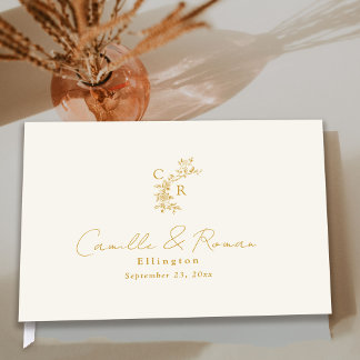 Ecru/Gold Floral Monogram Calligraphy Wedding Gästebuch