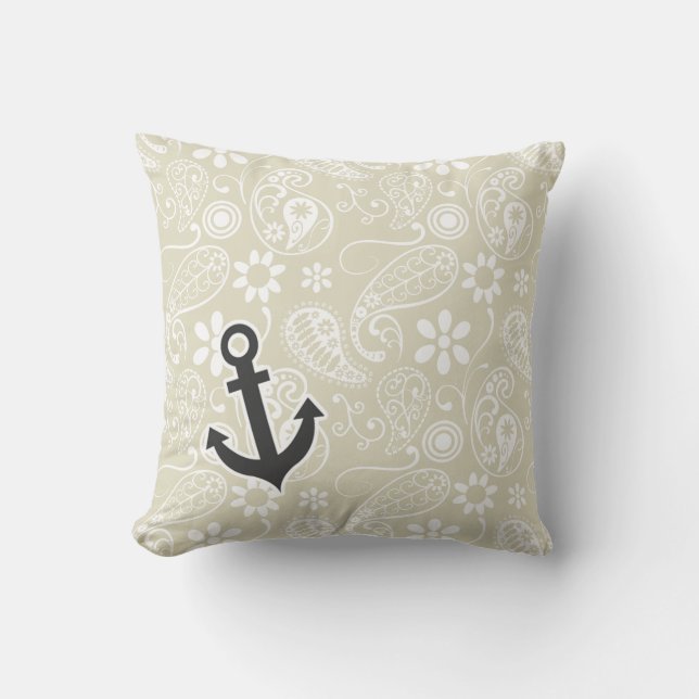 Ecru Paisley, Floral, Anchor Kissen (Vorderseite)