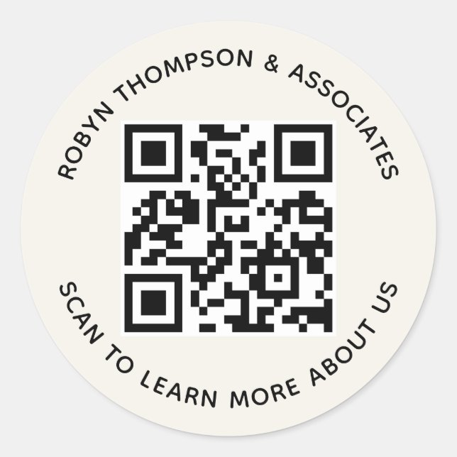 Ecru QR Code Stickers Custom Business Name Round (Vorderseite)