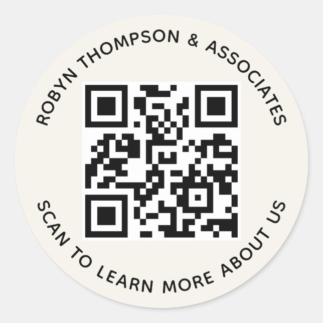 Ecru QR Code Stickers Custom Business Name Round (Vorderseite)