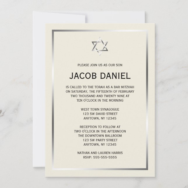 Ecru Silver Star de David Bar Mitzvah Invitations (Devant)