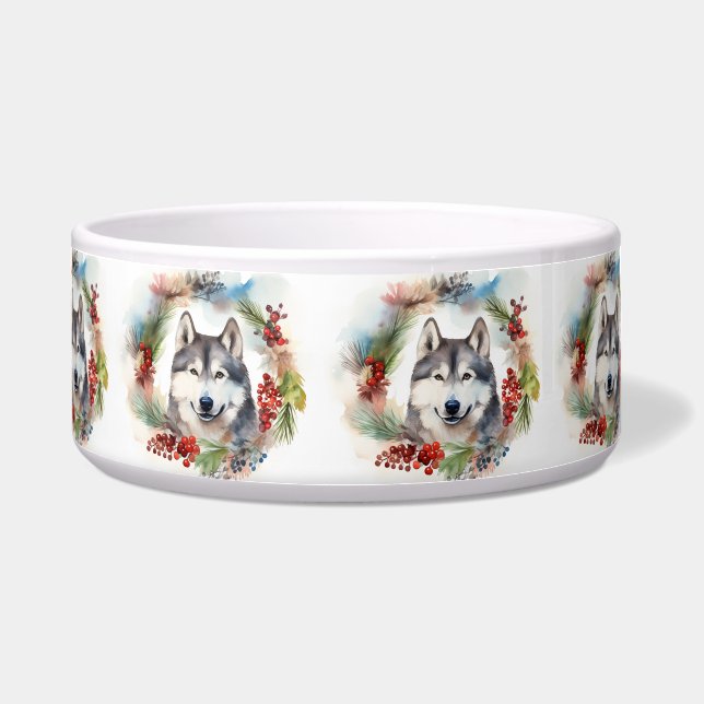 Écuelle Alaskan Malamute Festive de la couronne de Noël (Devant)