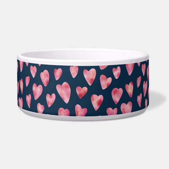 Écuelle Aquarelle bleu foncé et rose Coeur bol pour animau (Devant)