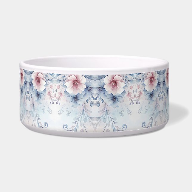Écuelle Aquarelle Bleu rose Floral Céramique Pet Bowl (Devant)