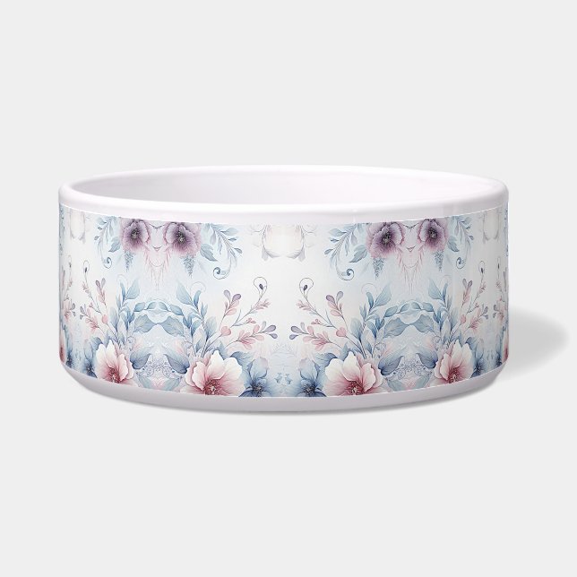 Écuelle Aquarelle Bleu rose Floral Céramique Pet Bowl (Devant)