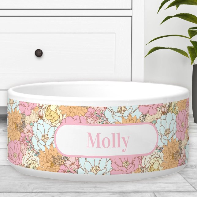 Écuelle Aquarelle Floral Nom du motif animal de compagnie  (Watercolor Floral Pattern Name Pet Dog Bowl)
