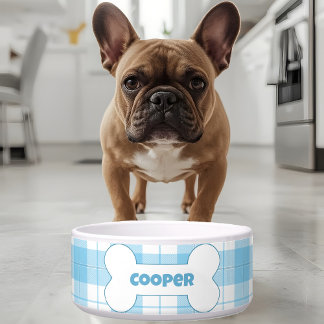 Écuelle Blue White Plaid Pattern Name Bone Dog Food Water