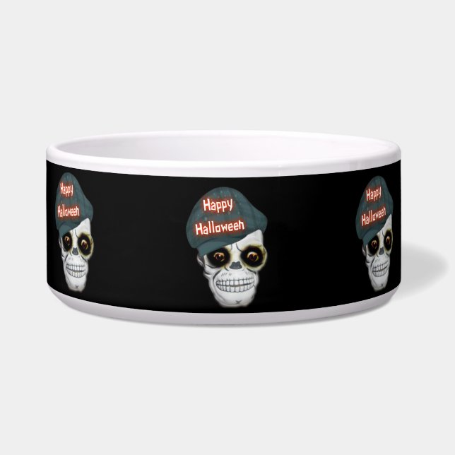 Écuelle Bol à chien Crâne de squelette Joyeux Halloween (Devant)