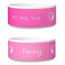 Bol personnalisé pour chien rose 'manger, jouer, a