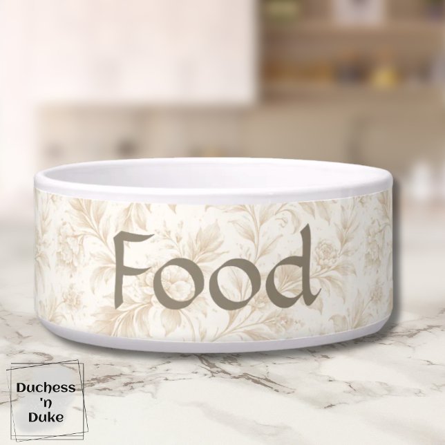 Écuelle Botanical Bloom Pattern Soft Ivory Pet (Dog Food Bowl with ivory botanical design displayed on marble counter top)