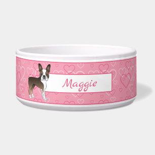 Écuelle Brindle Boston Terrier Chien Sur Coeurs Rose Et No