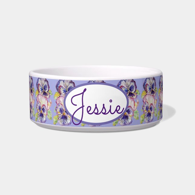 Écuelle Cat Dog Shabby Floral Pansy Pansies Pet Name Bowl (Devant)