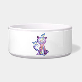 Écuelle Chat mignon blanc violet avec oiseaux