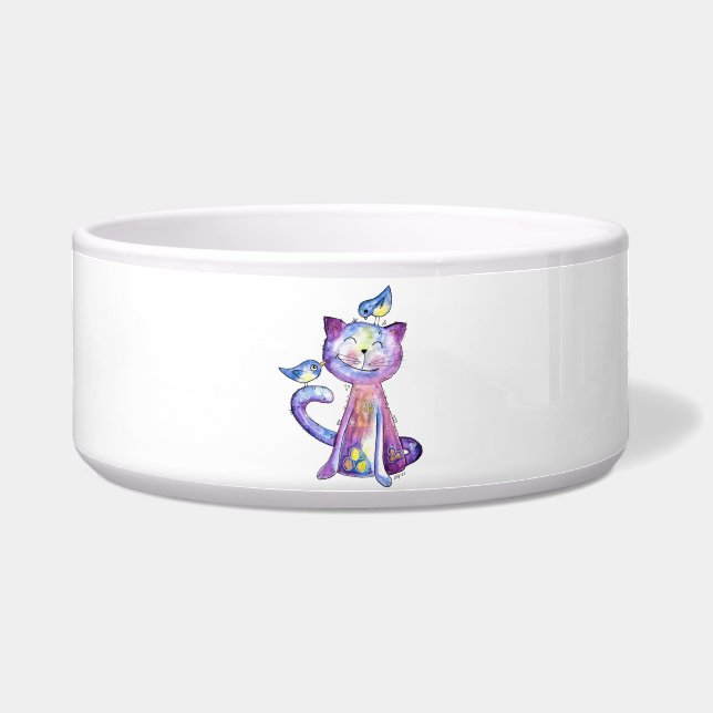 Écuelle Chat mignon blanc violet avec oiseaux (Devant)