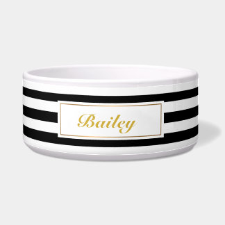 Écuelle Chic Black Gold Stripes Personnalisé Nom de l'anim