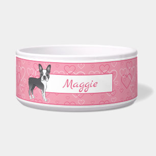 Écuelle Chien Boston Terrier Bleu sur cœurs roses et nom