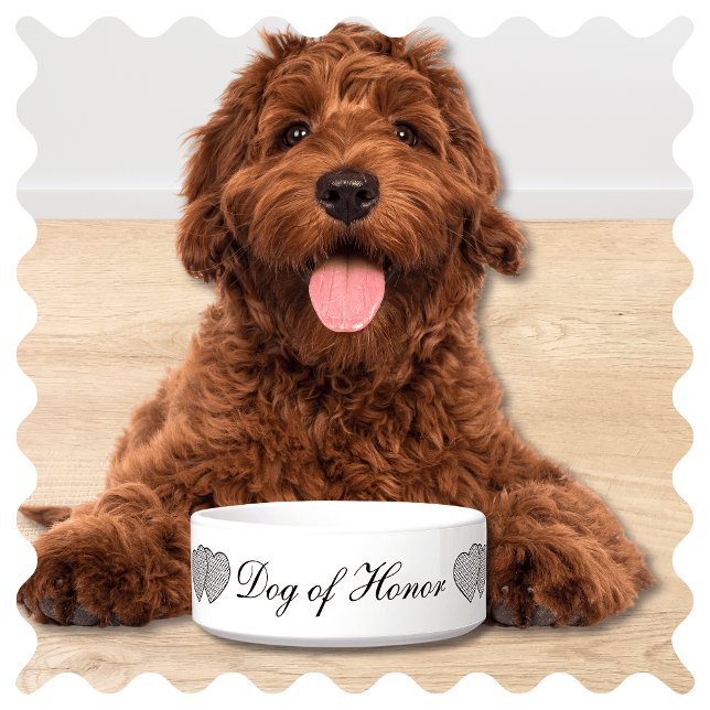 Écuelle Chien d'honneur Mariage Dog Bowl (Cute Dog of Honor Pet Bowl. Custom Dish in Elegant Script and Modern White and Black Design)
