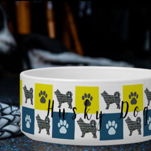 Écuelle Chien Husky et Paw Jaune et Bleu Cute Chien Bowl