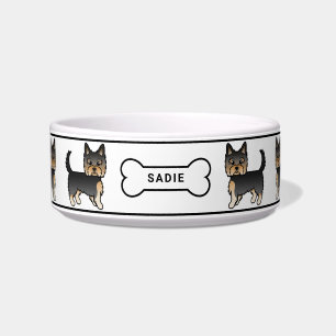 Écuelle Chiens Yorkie Terrier Noir Et Feu Avec Os & Nom