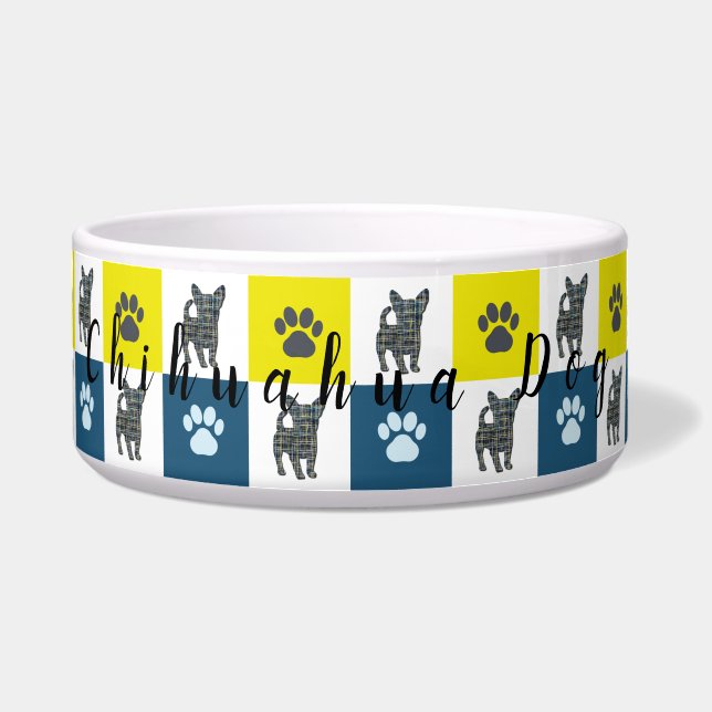 Écuelle Chihuahua Chig & Paw Yellow & Blue Grid (Devant)