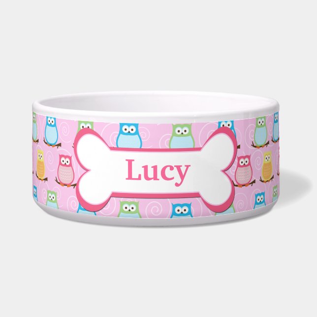Écuelle Chouettes roses branchées Customisé chien animal d (Devant)