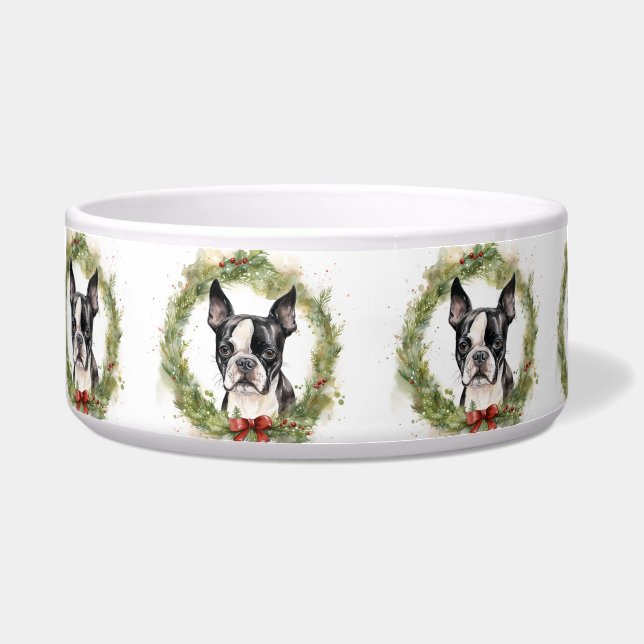 Écuelle Couronne de Noël festive de Boston Terrier (Devant)