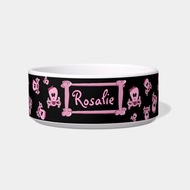 Écuelle Crâne Girly rose avec la cuvette d'animal familier (Devant)