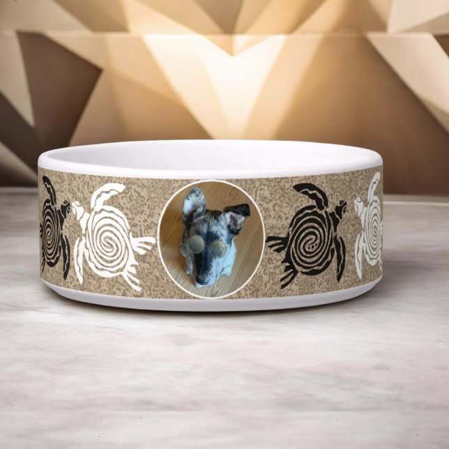 Écuelle Custom Pet Photo Sandy Beach Turtles (Custom photo ceramic pet bowl with tribal art turtles around the outside of the bowl.)
