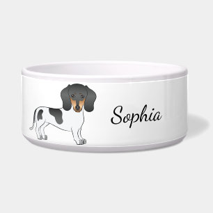 Écuelle Dachshund à poil court piebaldo noir et feu & Nom