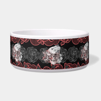 Écuelle Design gothique avec crânes, dentelle et roses noi