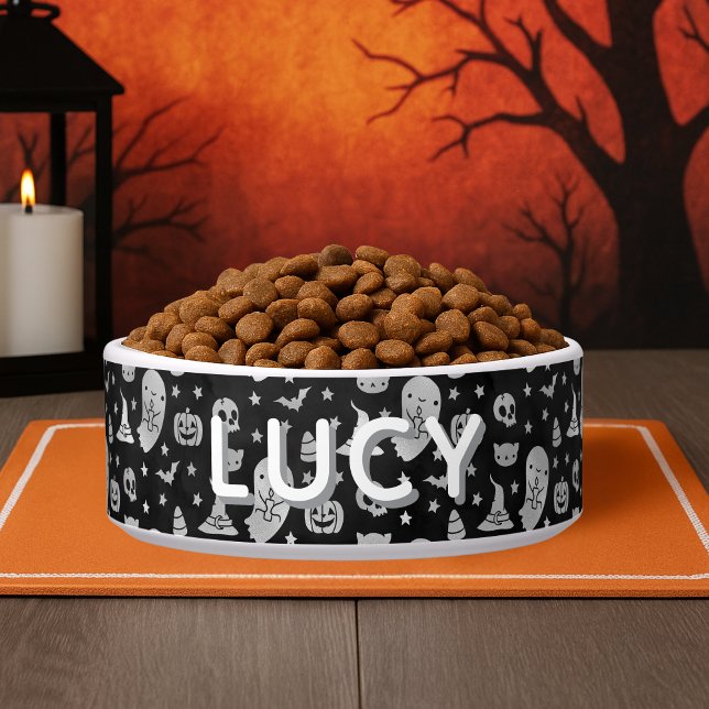 Écuelle Éffrayant Cute Halloween Motif Nom personnalisé Ch (Spooky Cute Halloween Pattern Custom Name Cat Bowl)
