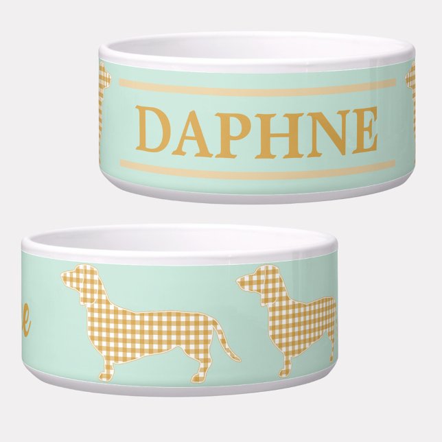 Écuelle en vichy Dachshund sur Bleu d'oeuf de canard - tra (Custom for your little Doxie, this cute pet bowl features cream gingham dachshunds on a mint backgro)