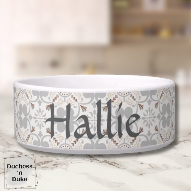 Écuelle Gray Spanish Tile Personalized Pet Bowl  (Pet Bowl - Gray Spanish Tile Personalized)