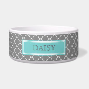 Écuelle Gris Turquoise Quatrefoil Nom personnalisé Chien B