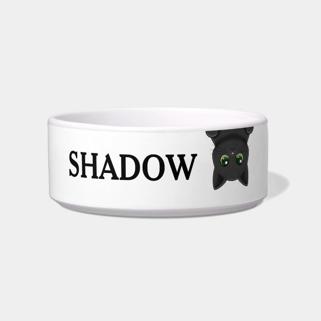 Écuelle Joli chat noir qui regarde à l'envers avec un nom  (Devant)