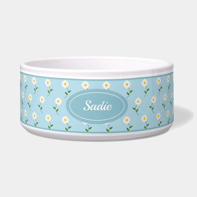 Écuelle Joli Motif Fleurs Blanches Sur Bleu & Nom Personna (Devant)