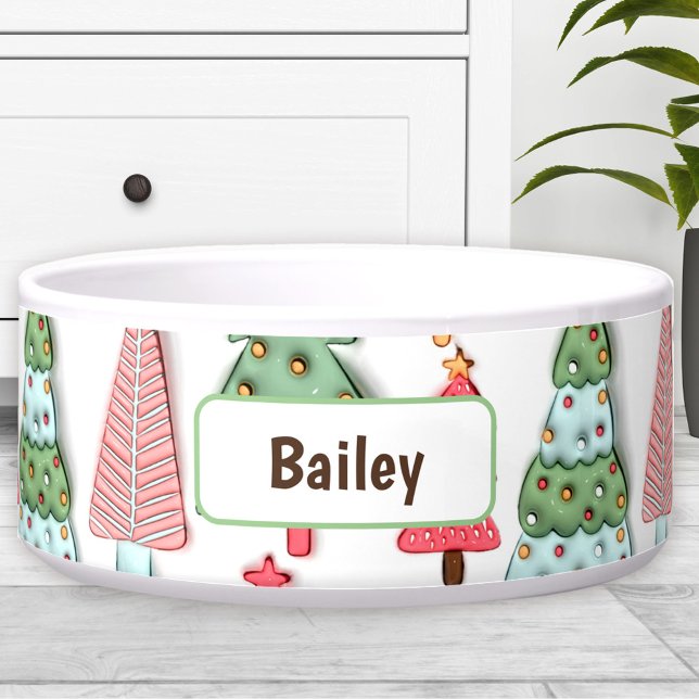 Écuelle Joli Pastel Arbre de Noël Nom personnalisé Chien A (Cute Pastel Christmas Tree Custom Name Dog Pet Bowl)