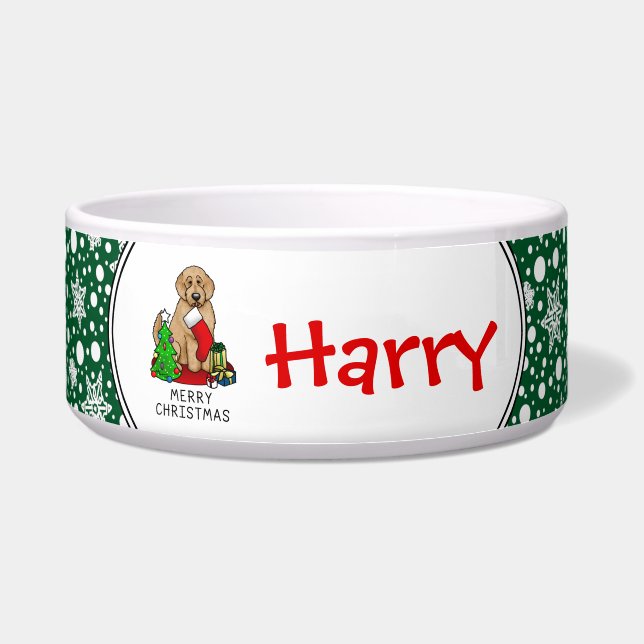 Écuelle Joyeux Noël 2 Goldendoodle (rouge doré) mignonne (Devant)