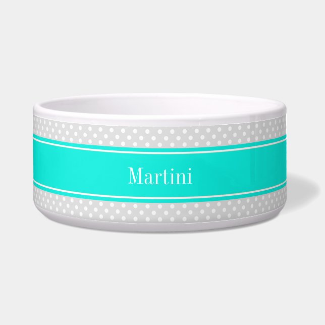 Écuelle Lt Grey White Pois Brt Aqua Ribbon Monogramme (Devant)