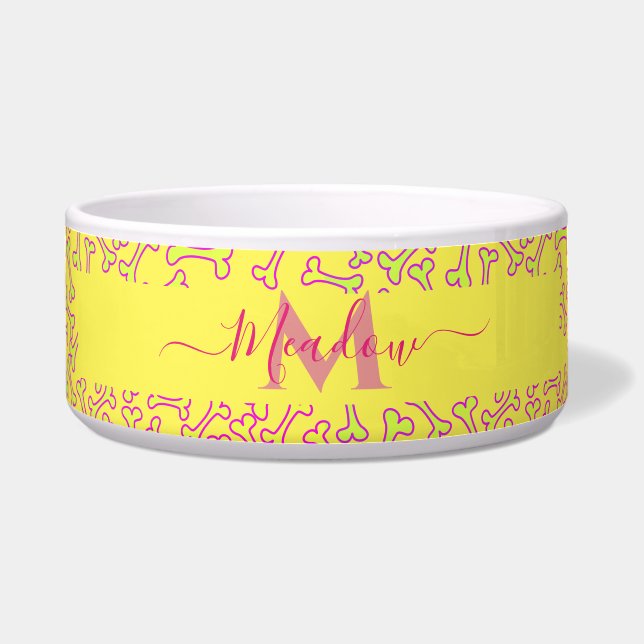 Écuelle Monogramme customisé Os de chien Cartoon Jaune Gra (Devant)