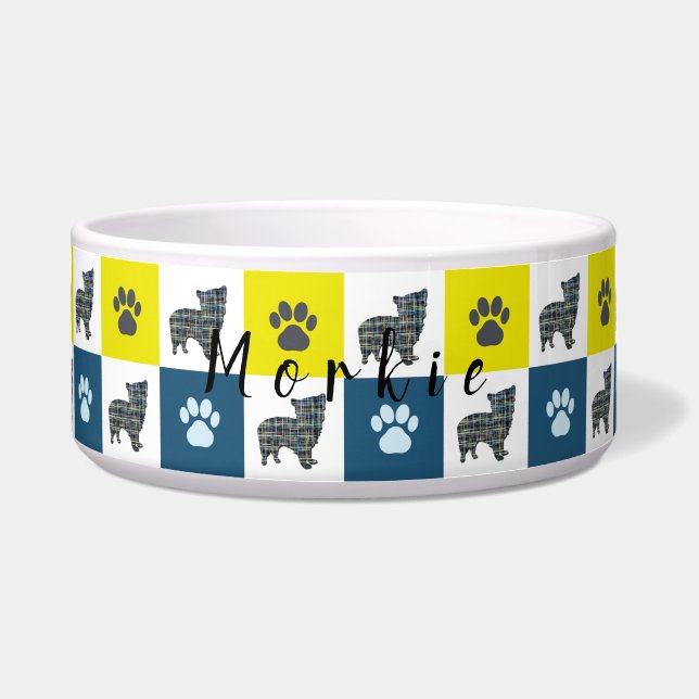 Écuelle Morkie Chien & Paw Yellow & Blue Grid Chien Bowl (Devant)