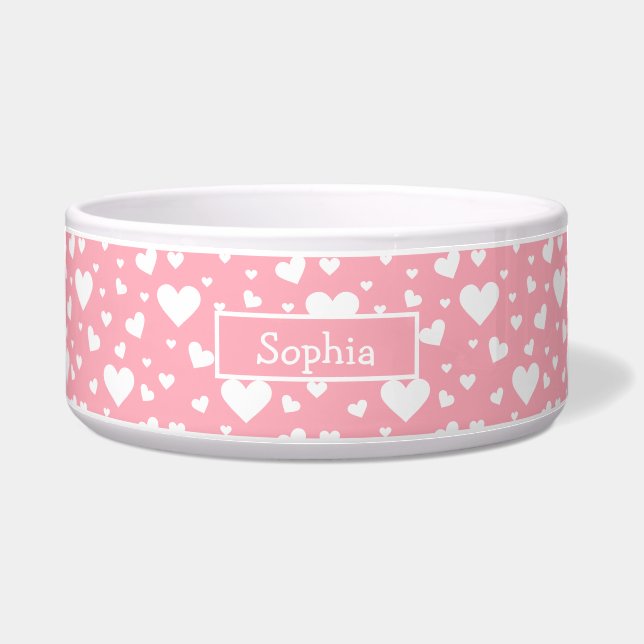 Écuelle Motif Coeur Blanc Sur Rose Avec Nom Personnalisé (Devant)