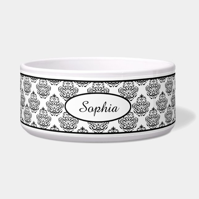 Écuelle Motif de Damas décoratif noir avec nom personnalis (Devant)